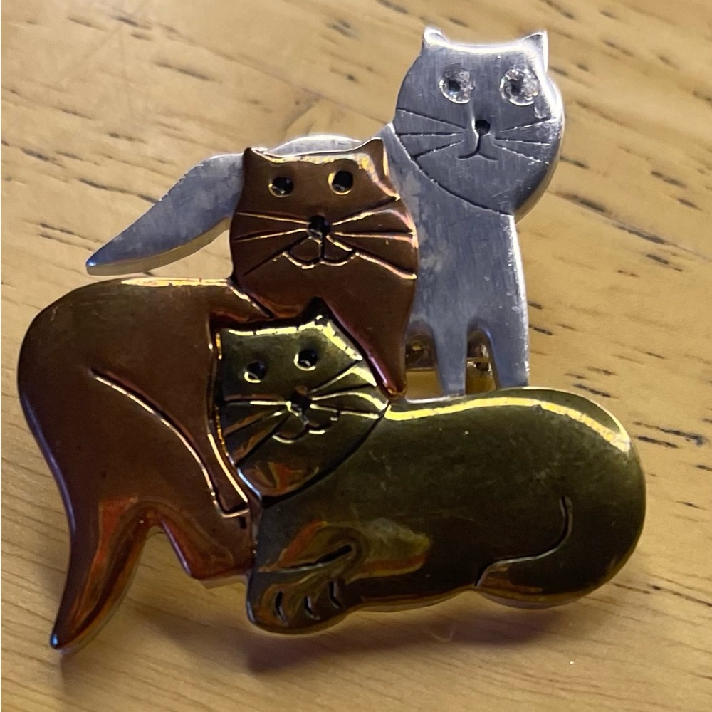 Vintage Cat Brooch Gold Tone & Silver Tone Multi Cat Pin Rhinestone Eyes Chic